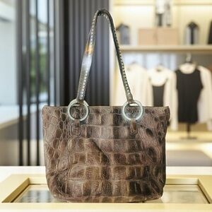 Raviani Brown Croc Embossed Leather With Crystals Tote Bag